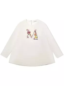Monnalisa футболка с длинными рукавами и цветочной вышивкой, нейтральный цвет