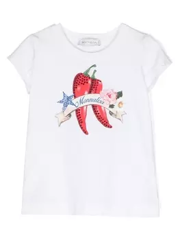 Monnalisa футболка с кристаллами и графичным принтом, белый