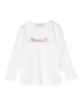 Monnalisa футболка с логотипом и кристаллами, белый