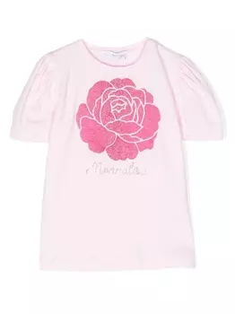 Monnalisa футболка с объемными рукавами и цветочным принтом, розовый