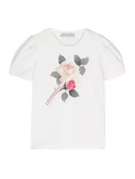 Monnalisa футболка с объемными рукавами и принтом, белый