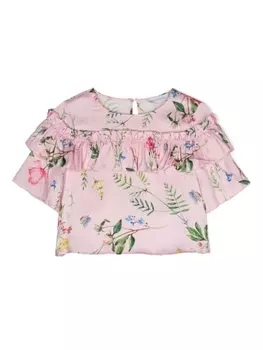 Monnalisa футболка с оборками и цветочным принтом, розовый