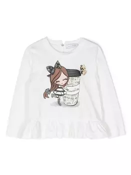 Monnalisa футболка с оборками и принтом, белый