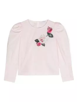 Monnalisa хлопковая блузка с вышитыми розами, розовый