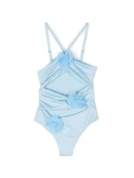 Monnalisa купальник с цветочной аппликацией и вырезом, синий