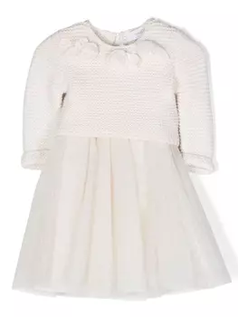 Monnalisa платье с цветочной аппликацией и блестками, нейтральный цвет