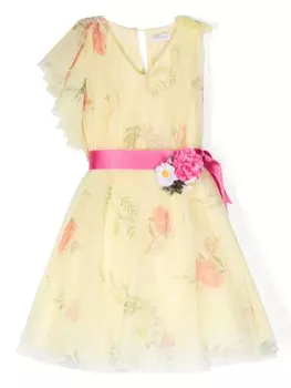 Monnalisa платье с цветочным принтом и V-образным вырезом, желтый