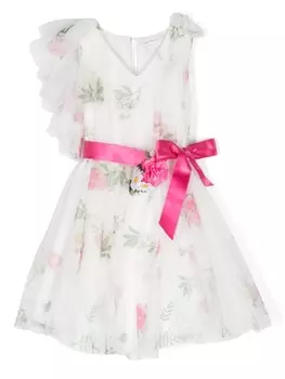 Monnalisa платье с цветочным принтом и V-образным вырезом, белый