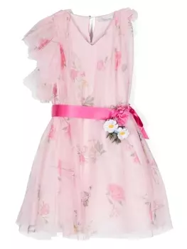 Monnalisa платье с цветочным принтом и V-образным вырезом, розовый