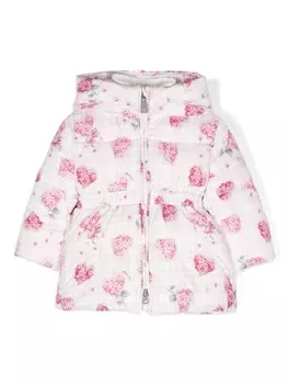 Monnalisa пуховик с капюшоном и цветочным принтом, белый