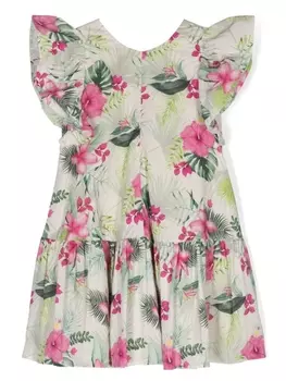 Monnalisa расклешенное платье с цветочным принтом, нейтральный цвет