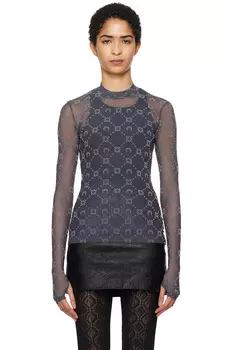 Монограммный сетчатый топ с высоким воротником Second Skin Marine Serre, серый