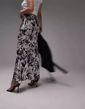Монохромная атласная юбка макси с мятым принтом Topshop