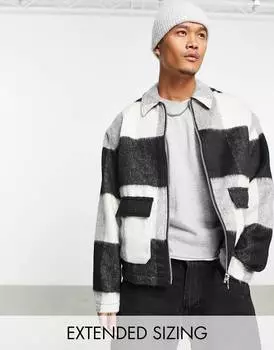 Монохромная клетчатая куртка харрингтон с эффектом шерсти ASOS DESIGN
