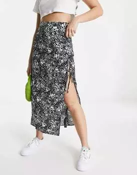 Монохромная юбка миди с выцветшим принтом, бантом и разрезом на бедрах ASOS