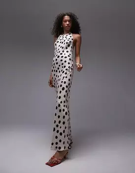 Монохромное платье макси Topshop в горошек с вырезом бретелькой