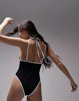 Монохромный купальник с бретелями и контрастной отделкой Topshop