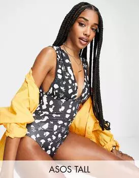Монохромный купальник с глубоким вырезом ASOS DESIGN Tall и точечным принтом ASOS DESIGN Tall