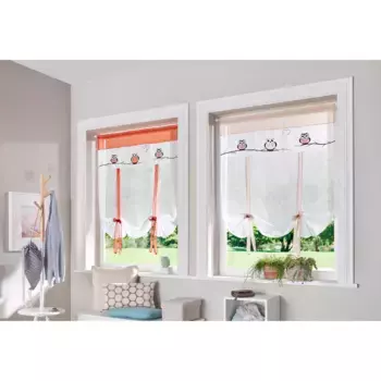 Моя домашняя штора-завязка «Ява», (1 шт.), готовая штора, прозрачная, с вышитыми совами My Home, белый/песочный