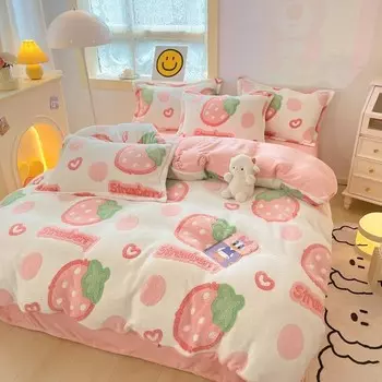 Morro розовый пододеяльник Morro Queen, комплекты постельного белья с клубникой, комплект пушистых одеял, альтернативное пуховое одеяло, ультрамягкое кавайное милое одеяло для девочек, детей, женщин-подростков, полный двойной размер MorroMorn, P...