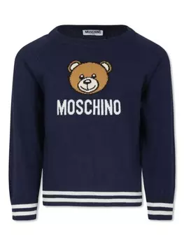 Moschino Kids джемпер с логотипом, связанный интарсией, синий