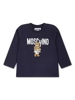 Moschino Kids футболка с длинными рукавами и принтом логотипа, синий