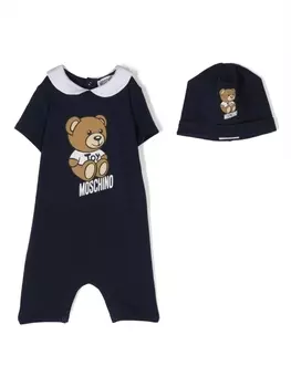 Moschino Kids комплект из ромпера и шапки с принтом Teddy Bear, синий