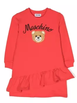 Moschino Kids платье с оборками и вышитым логотипом, красный