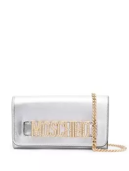 Moschino клатч с кристаллами и логотипом, серый