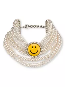 Moschino колье Smiley с жемчугом, белый