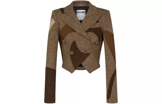 MOSCHINO Укороченная куртка из шерстяной смеси в стиле пэчворк, женская куртка, пальто, коричневая цвет