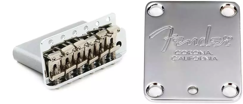 Мост Fender American Vintage Strat Tremolo в сборе — хромированный комплект с пластиной для грифа гитары Fender American Series с 4 болтами — штамп «Fender Corona» 0992049000=1 0991445100=1