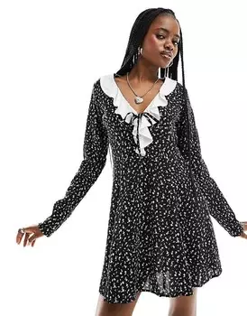 Motel – Черное мини-платье с цветочным принтом и воротником с рюшами