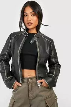 Мото куртка из искусственной кожи Petite в винтажном стиле boohoo, черный