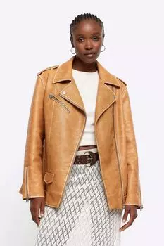 Мотоциклетная куртка оверсайз с рельефными швами River Island, коричневый