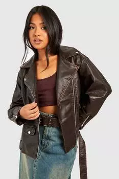 Мотокуртка оверсайз petite vintage wash Boohoo, коричневый