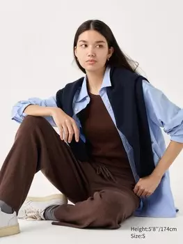 Моющиеся трикотажные брюки в рубчик длинные Uniqlo, коричневый