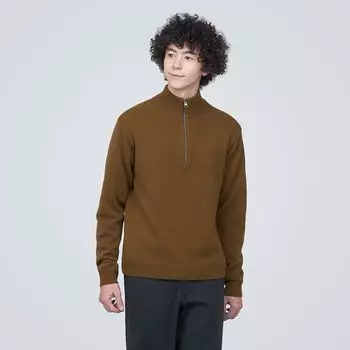 Моющийся шерстяной свитер средней толщины с полумолнией MUJI, верблюд