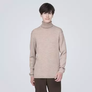 Моющийся шерстяной свитер в рубчик с высоким воротником MUJI, овсяная каша