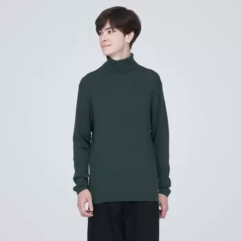 Моющийся шерстяной свитер в рубчик с высоким воротником MUJI, темно-зеленый