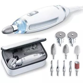 Mp 62 Набор для маникюра и педикюра с 10 высококачественными насадками для ухода за ногтями и светодиодной подсветкой - белый, Beurer