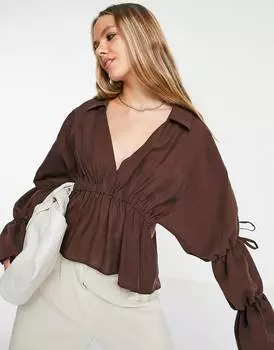 Мягкая блуза шоколадного цвета с объемными рукавами на завязках ASOS DESIGN