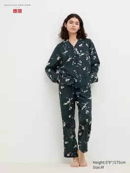 Мягкая фланелевая пижама в цветочек Uniqlo, зеленый