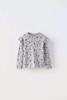 Мягкая футболка с цветочным ребристом и орушами ZARA, серый мергель