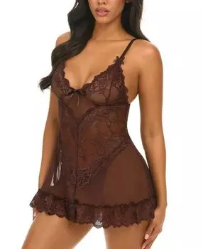 Мягкая кружевная сорочка на День святого Валентина с бантами и трусиками-стрингами Oh La La Cheri, коричневый