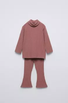 Мягкая на ощупь ребристовая футболка и леггинсы-клёш ZARA, бордовый