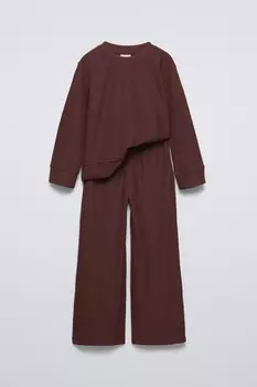 Мягкая на ощупь ребристовая футболка и широкие брюки комплект ZARA, бордовый