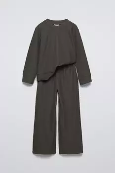 Мягкая на ощупь ребристовая футболка и широкие брюки комплект ZARA, коричневый/серо-коричневый