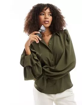 Мягкая рубашка цвета хаки ASOS DESIGN с объемными рукавами и рюшами на манжетах