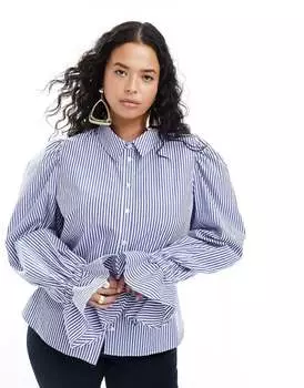 Мягкая рубашка в синюю полоску ASOS DESIGN Curve с объемными рукавами и рюшами на манжетах